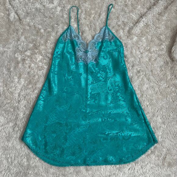 Vintage 90s Small Deena Blue Green Teal Satin Slip Dress floral lace trim - Picture 2 of 7